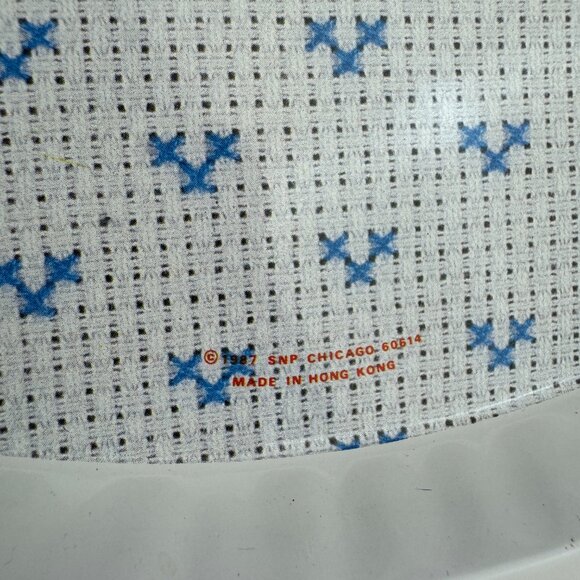 Vtg Round Metal Tin Tray Joy Printed Cross Stitch Design Teddy Bear SNP Chicago - Picture 6 of 13